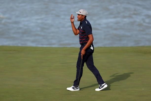Tony Finau of team United States reacts on the 13th green during Friday Afternoon Fourball Matches of the 43rd Ryder Cup at Whistling Straits on...