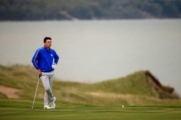 Viktor Hovland of Norway and team Europe looks on over the 16th hole during Friday Afternoon Fourball Matches of the 43rd Ryder Cup at Whistling...