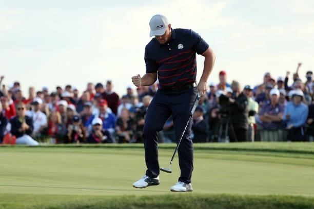 Bryson DeChambeau of team United States celebrates on the 15th green during Friday Afternoon Fourball Matches of the 43rd Ryder Cup at Whistling...