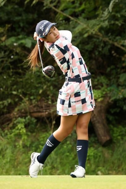 Nana Suganuma of Japan hits her tee shot on the 2nd hole during the second round of the Miyagi TV Cup Dunlop Ladies Open at Rifu Golf Club on...