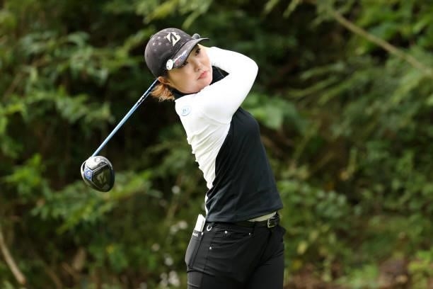 Sayaka Takahashi of Japan hits her tee shot on the 2nd hole during the second round of the Miyagi TV Cup Dunlop Ladies Open at Rifu Golf Club on...