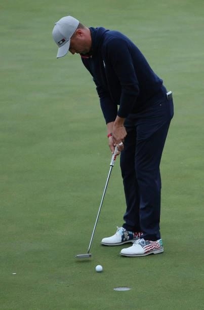 Justin Thomas of team United States putts during Friday Afternoon Fourball Matches of the 43rd Ryder Cup at Whistling Straits on September 24, 2021...