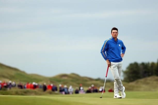 Viktor Hovland of Norway and team Europe looks on during Friday Afternoon Fourball Matches of the 43rd Ryder Cup at Whistling Straits on September...