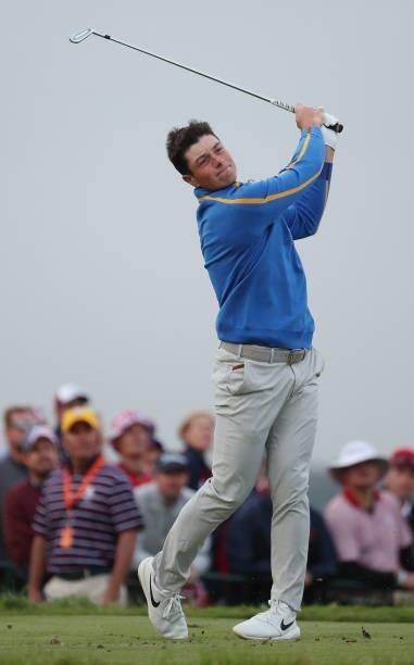 Viktor Hovland of Norway and team Europe plays his shot from the 17th tee during Friday Afternoon Fourball Matches of the 43rd Ryder Cup at Whistling...