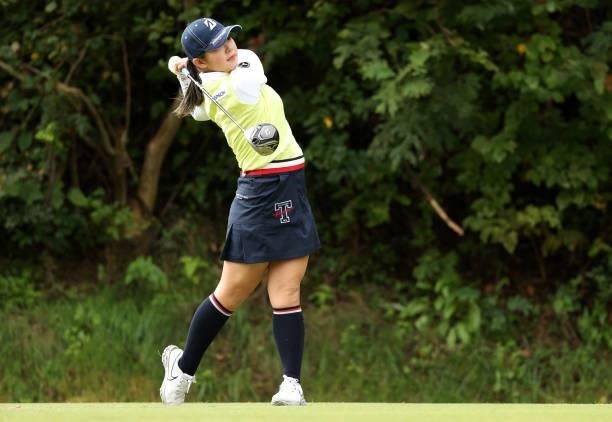 Yuri Yoshida of Japan hits her tee shot on the 2nd hole during the second round of the Miyagi TV Cup Dunlop Ladies Open at Rifu Golf Club on...
