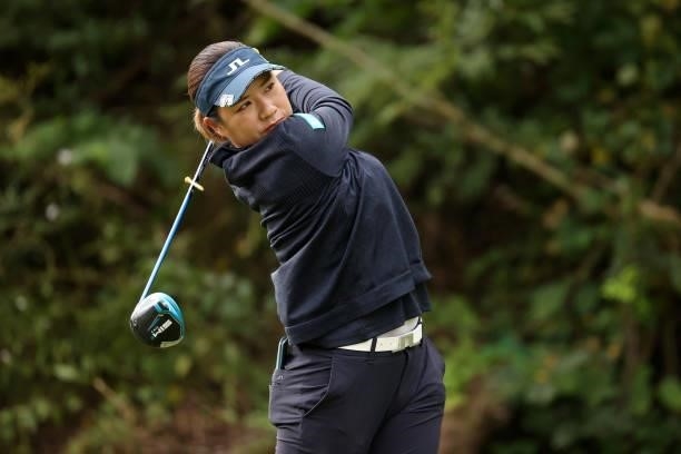 Eri Okayama of Japan hits her tee shot on the 2nd hole during the second round of the Miyagi TV Cup Dunlop Ladies Open at Rifu Golf Club on September...