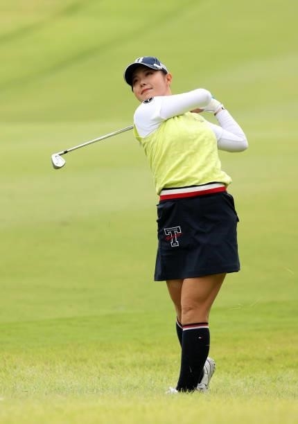 Yuri Yoshida of Japan hits her second shot on the 2nd hole during the second round of the Miyagi TV Cup Dunlop Ladies Open at Rifu Golf Club on...