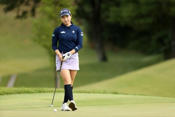 Sakura Koiwai of Japan lines up a putt on the 3rd green during the second round of the Miyagi TV Cup Dunlop Ladies Open at Rifu Golf Club on...