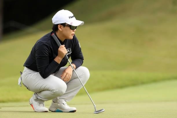 Jiyai Shin of South Korea lines up a putt on the 3rd green during the second round of the Miyagi TV Cup Dunlop Ladies Open at Rifu Golf Club on...