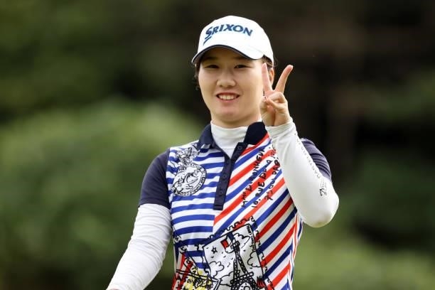 Asuka Ishikawa of Japan celebrates the birdie on the 3rd green during the second round of the Miyagi TV Cup Dunlop Ladies Open at Rifu Golf Club on...
