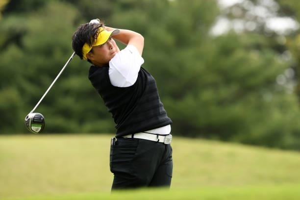 Haruka Kudo of Japan hits her tee shot on the 5th hole during the second round of the Miyagi TV Cup Dunlop Ladies Open at Rifu Golf Club on September...