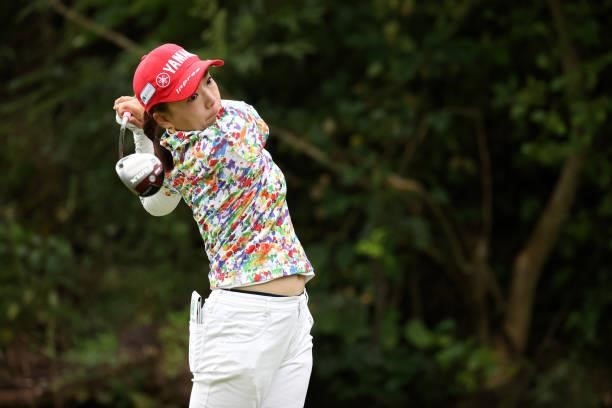Chie Arimura of Japan hits her tee shot on the 2nd hole during the second round of the Miyagi TV Cup Dunlop Ladies Open at Rifu Golf Club on...