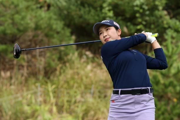 Sakura Koiwai of Japan hits her tee shot on the 3rd hole during the second round of the Miyagi TV Cup Dunlop Ladies Open at Rifu Golf Club on...