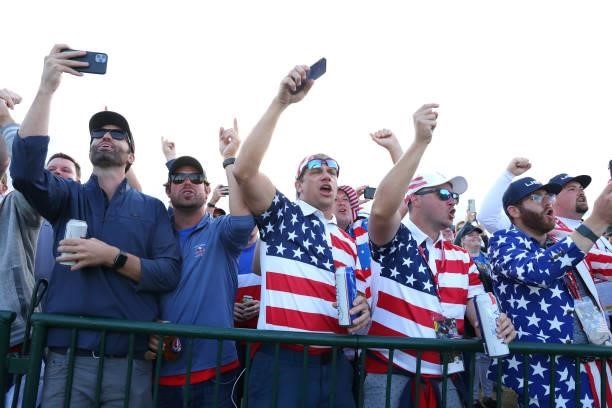 Fans cheer on their players during Friday Afternoon Fourball Matches of the 43rd Ryder Cup at Whistling Straits on September 24, 2021 in Kohler,...