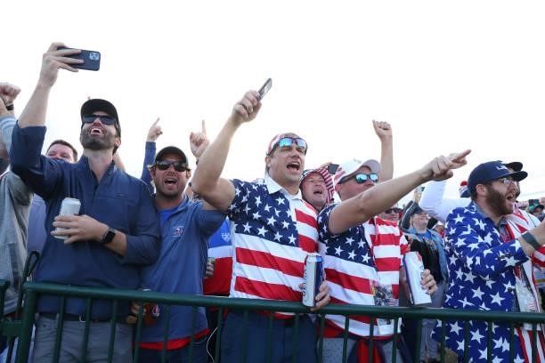 Fans cheer on their players during Friday Afternoon Fourball Matches of the 43rd Ryder Cup at Whistling Straits on September 24, 2021 in Kohler,...