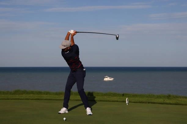 Dustin Johnson of team United States tee's off at the 16th during Friday Afternoon Fourball Matches of the 43rd Ryder Cup at Whistling Straits on...