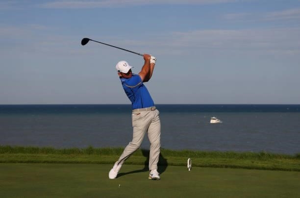 Paul Casey of team Europe tee's off at the 16th during Friday Afternoon Fourball Matches of the 43rd Ryder Cup at Whistling Straits on September 24,...