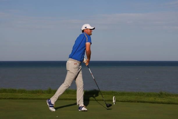Bernd Wiesberger of Austria and team Europe tee's off at the 16th during Friday Afternoon Fourball Matches of the 43rd Ryder Cup at Whistling Straits...