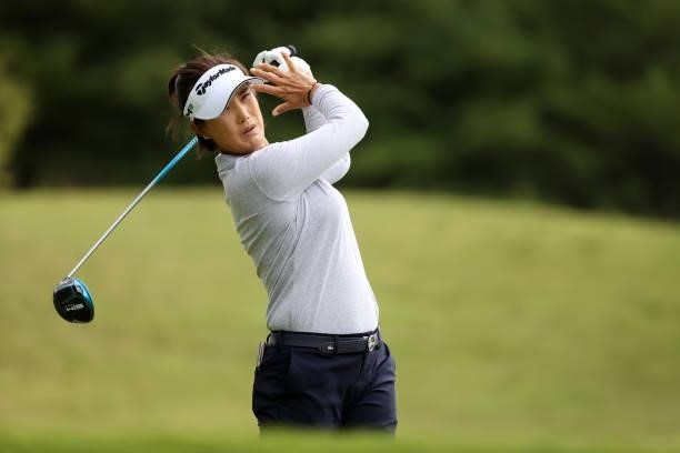 Mi-jeong Jeon of South Korea hits her tee shot on the 5th hole during the second round of the Miyagi TV Cup Dunlop Ladies Open at Rifu Golf Club on...
