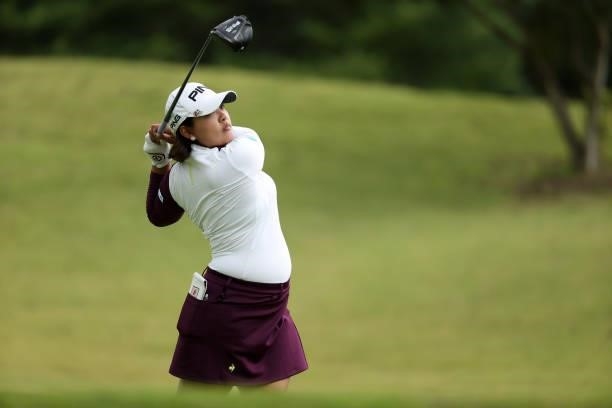 Ai Suzuki of Japan hits her tee shot on the 5th hole during the second round of the Miyagi TV Cup Dunlop Ladies Open at Rifu Golf Club on September...