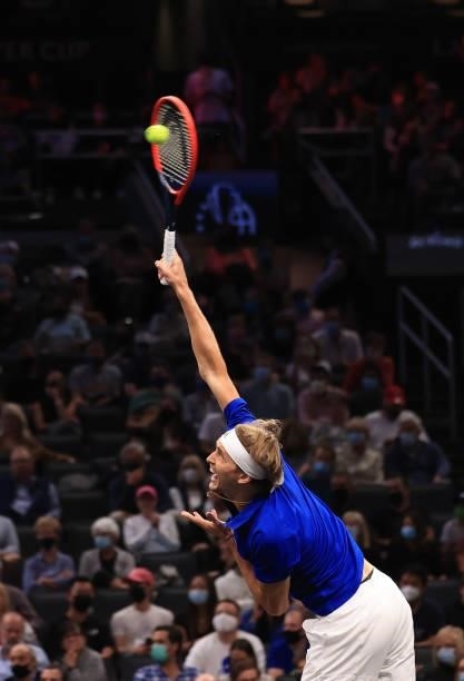 Alexander Zverev serves a shot against John Isner and Denis Shapovalov of Team World in the fourth match during Day 1 of the 2021 Laver Cup at TD...