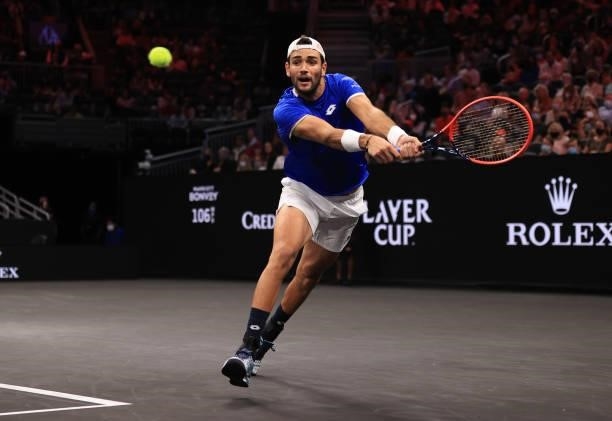 Matteo Berrettini of Team Europe plays a shot against John Isner and Denis Shapovalov of Team World in the fourth match during Day 1 of the 2021...