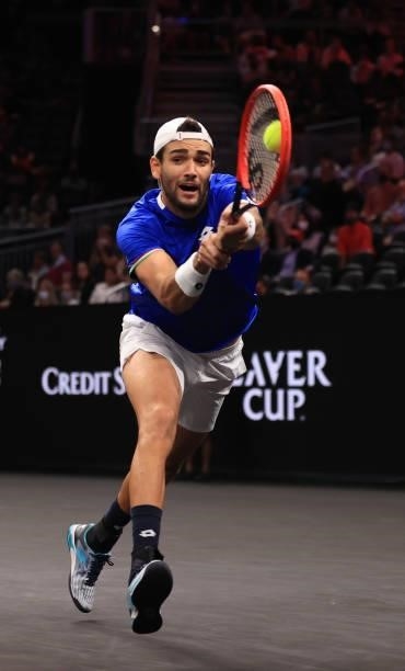 Matteo Berrettini of Team Europe plays a shot against John Isner and Denis Shapovalov of Team World in the fourth match during Day 1 of the 2021...