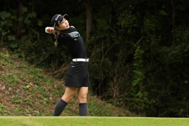 Akira Yamaji of Japan hits her tee shot on the 5th hole during the second round of the Miyagi TV Cup Dunlop Ladies Open at Rifu Golf Club on...