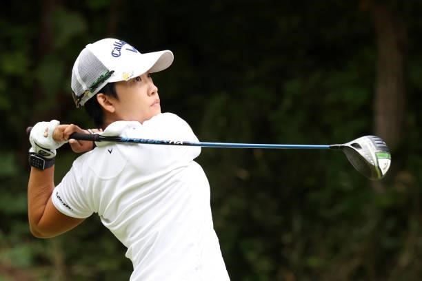 Hee-kyung Bae of South Korea hits her tee shot on the 5th hole during the second round of the Miyagi TV Cup Dunlop Ladies Open at Rifu Golf Club on...