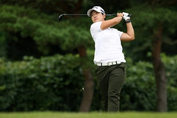 Hee-kyung Bae of South Korea hits her tee shot on the 7th hole during the second round of the Miyagi TV Cup Dunlop Ladies Open at Rifu Golf Club on...