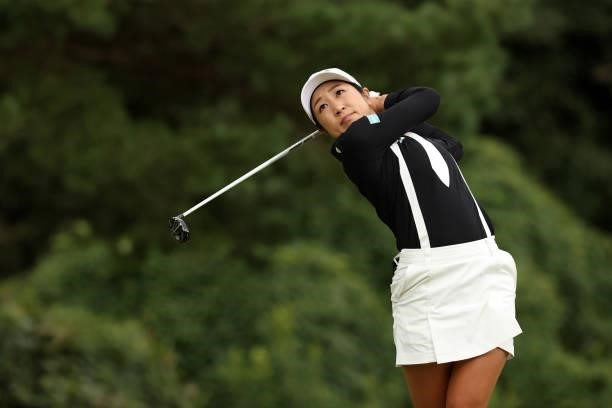 Asako Fujimoto of Japan hits her tee shot on the 6th hole during the second round of the Miyagi TV Cup Dunlop Ladies Open at Rifu Golf Club on...