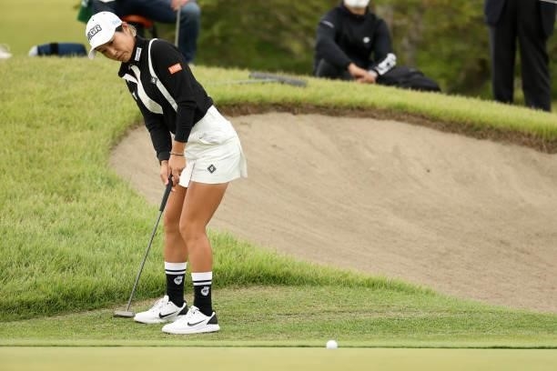 Asako Fujimoto of Japan attempts a putt on the 6th green during the second round of the Miyagi TV Cup Dunlop Ladies Open at Rifu Golf Club on...