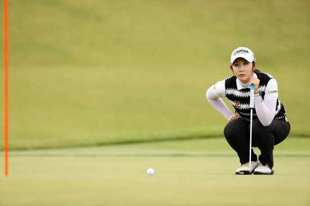 Seonwoo Bae of South Korea lines up a putt on the 6th green during the second round of the Miyagi TV Cup Dunlop Ladies Open at Rifu Golf Club on...