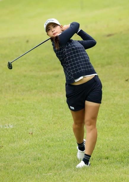 Asuka Kashiwabara of Japan hits her second shot on the 8th hole during the second round of the Miyagi TV Cup Dunlop Ladies Open at Rifu Golf Club on...