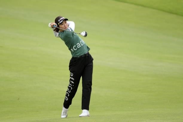 Nozomi Uetake of Japan hits her second shot on the 8th hole during the second round of the Miyagi TV Cup Dunlop Ladies Open at Rifu Golf Club on...