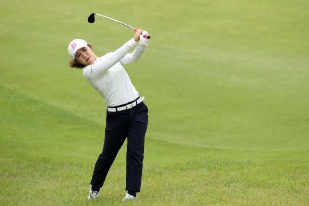 Ayaka Furue of Japan hits her second shot on the 8th hole during the second round of the Miyagi TV Cup Dunlop Ladies Open at Rifu Golf Club on...