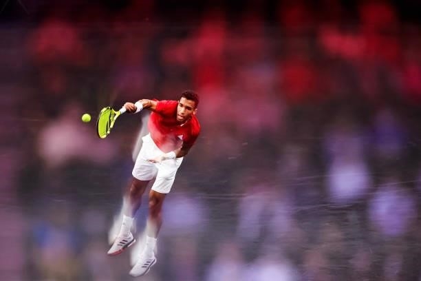 Felix Auger-Aliassime of Team World plays a shot against Matteo Berrettini of Team Europe during the second match during Day 1 of the 2021 Laver Cup...