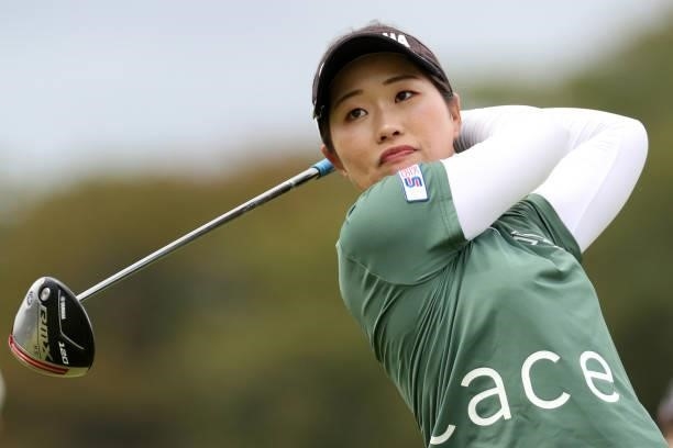 Nozomi Uetake of Japan hits her tee shot on the 9th hole during the second round of the Miyagi TV Cup Dunlop Ladies Open at Rifu Golf Club on...