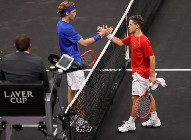 Andrey Rublev of Team Europe shakes hands with Diego Schwartzman of Team World after the third match during Day 1 of the 2021 Laver Cup at TD Garden...