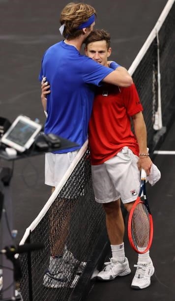 Andrey Rublev of Team Europe hugs Diego Schwartzman of Team World after the third match during Day 1 of the 2021 Laver Cup at TD Garden on September...