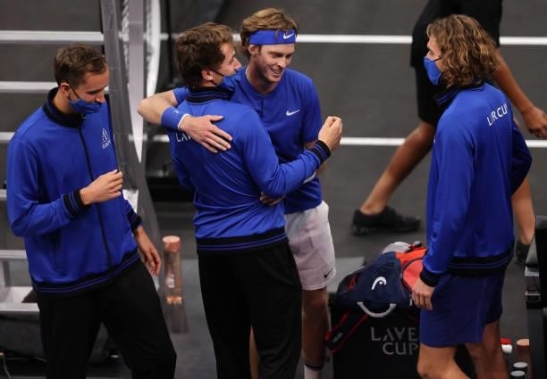 Andrey Rublev of Team Europe is congratulated by his teammates after his match against Diego Schwartzman of Team World in the third match during Day...