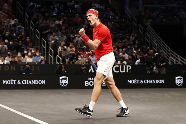 Denis Shapovalov of Team World celebrates during a doubles match against Alexander Zverev and Matteo Berrettini of Team Europe during Day 1 of the...
