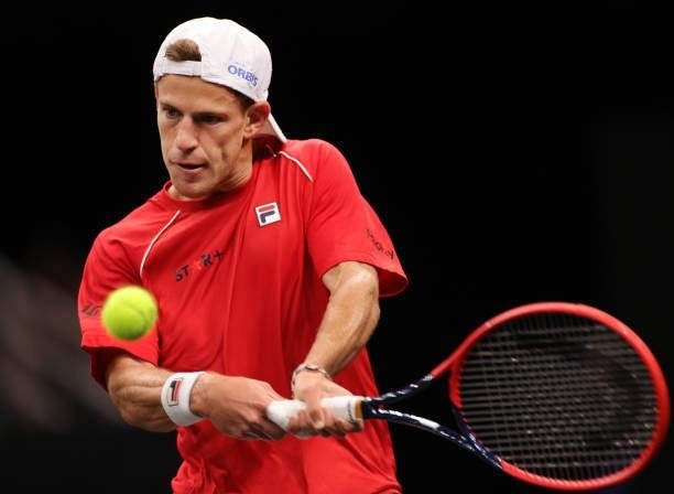 Diego Schwartzman of Team World plays a shot against Andrey Rublev of Team Europe during the third match during Day 1 of the 2021 Laver Cup at TD...