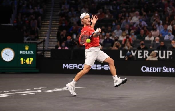 Diego Schwartzman of Team World returns a shot against Andrey Rublev of Team Europe during Day 1 of the 2021 Laver Cup at TD Garden on September 24,...