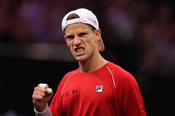 Diego Schwartzman of Team World reacts to a shot against Andrey Rublev of Team Europe during Day 1 of the 2021 Laver Cup at TD Garden on September...