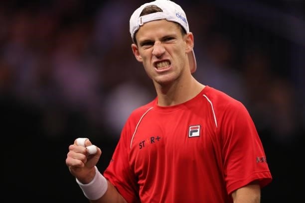 Diego Schwartzman of Team World reacts to a shot against Andrey Rublev of Team Europe during the third match during Day 1 of the 2021 Laver Cup at TD...