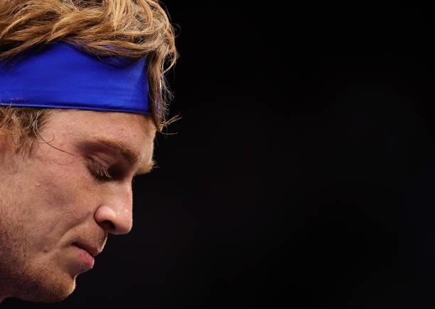 Andrey Rublev of Team Europe reacts to a shot against Diego Schwartzman of Team World during Day 1 of the 2021 Laver Cup at TD Garden on September...