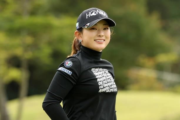Momo Yoshikawa of Japan smiles on the 8th hole during the second round of the Miyagi TV Cup Dunlop Ladies Open at Rifu Golf Club on September 25,...