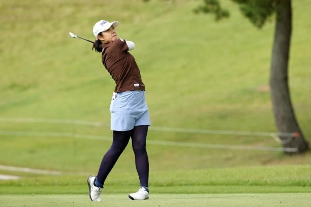 Rie Tsuji hits her second shot on the 9th hole during the second round of the Miyagi TV Cup Dunlop Ladies Open at Rifu Golf Club on September 25,...