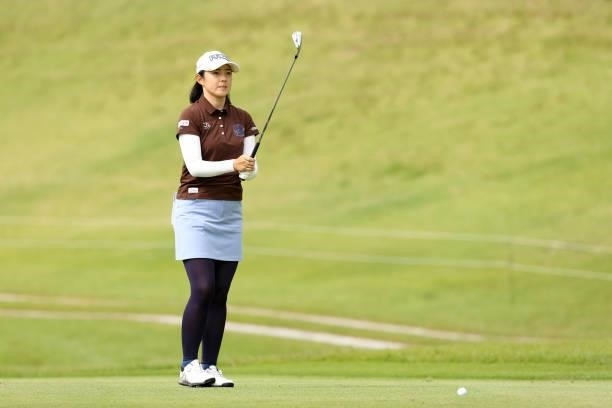 Rie Tsuji is seen before her second shot on the 9th hole during the second round of the Miyagi TV Cup Dunlop Ladies Open at Rifu Golf Club on...
